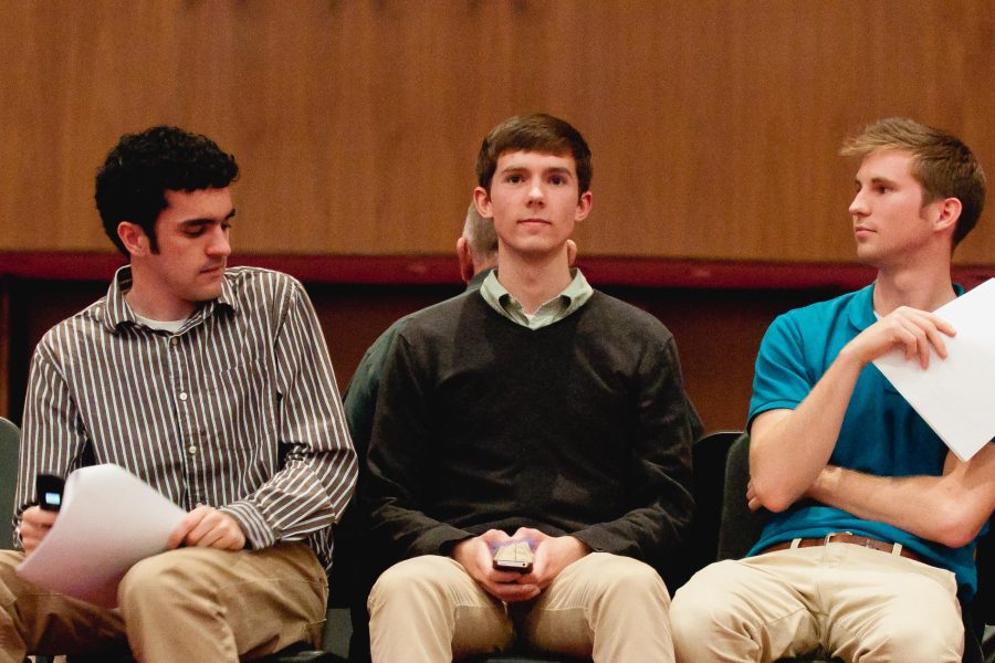 David Baral, Jared Poe and Tommy Lamper rehearse for student body. Photo:  Stephanie Greenwood 