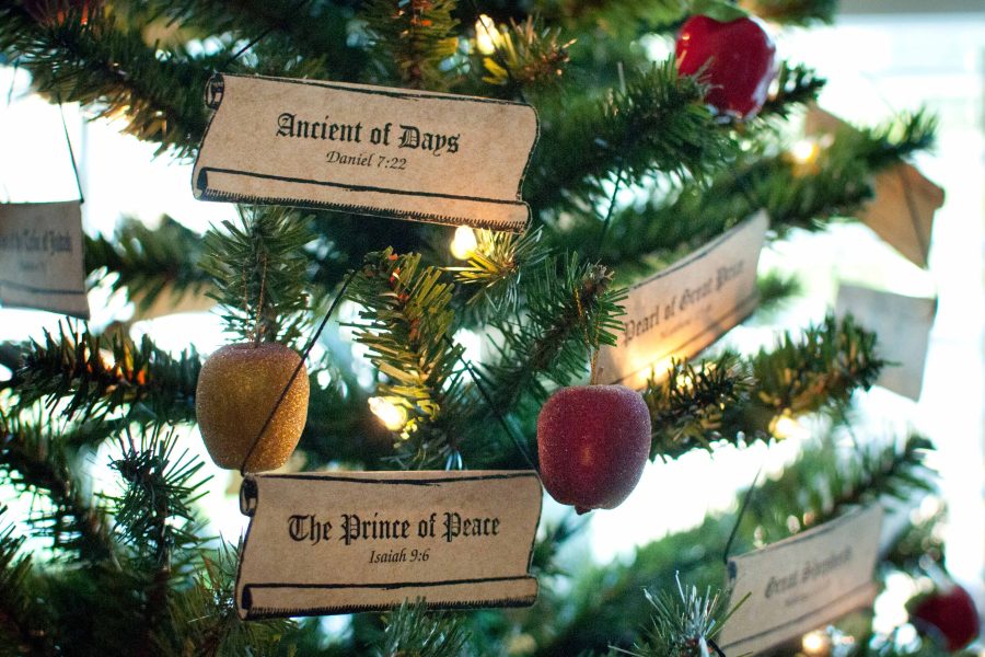 Dr. Ed Dunbar`s Christmas tree displays ornaments of the names of Christ. Photo:  Emma Klak 