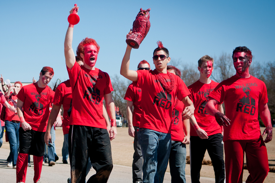 Red Lightning team members walk to Alumni Stadium in the parade on Gold Rush Daze. Photo: Emma Klak