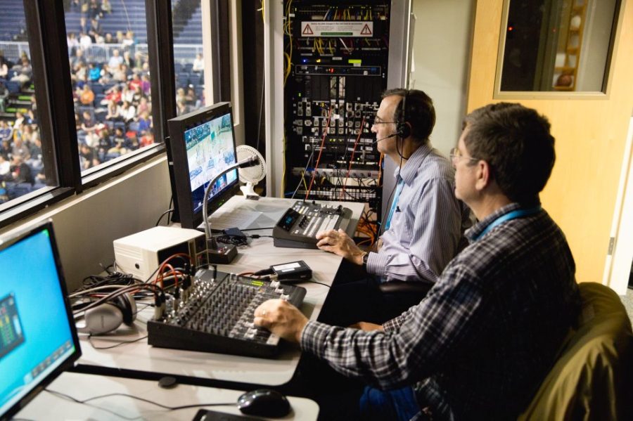 Dan Boone and Jeff Carr produce a Bruins basketball webcast.     Photo: Submitted 