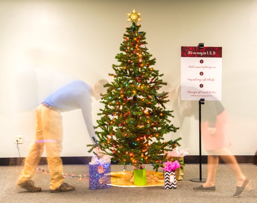 Students can donate gifts to the SLC’s Giving Tree charity in the dining common or the Student Center.  Photo: Dave Saunders 