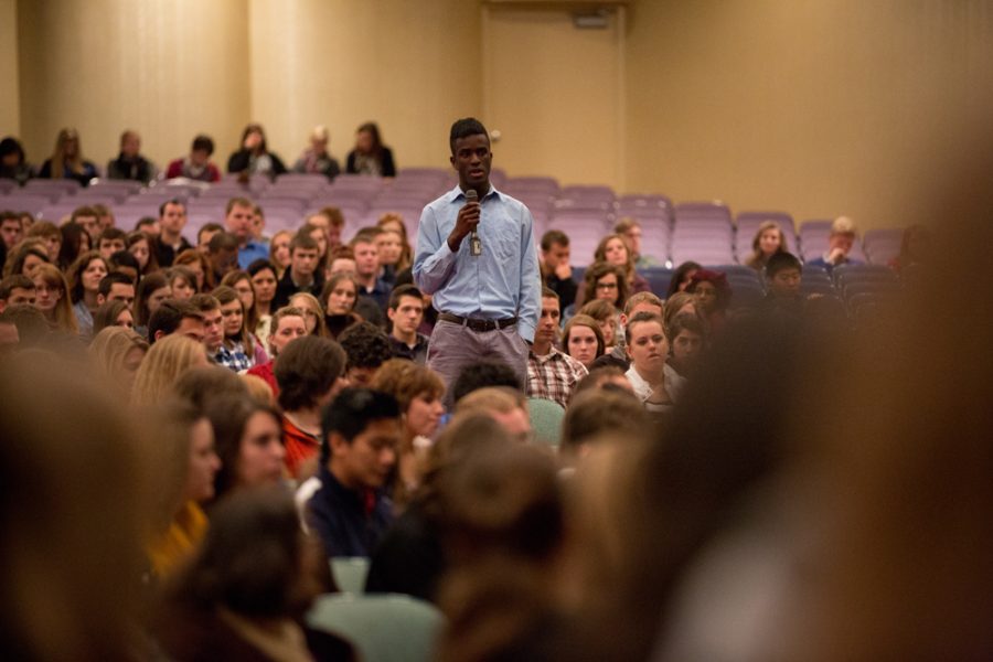 Manny Juah gives a testimony at last semester’s student body chapel.  Photo: Photo Services