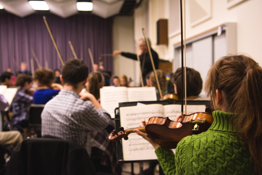 The Chamber String Orchestra rehearses for its upcoming concert, themed “Mostly Incidental.”    Photo: Dave Saunders