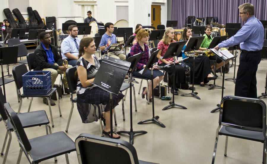 Dan Kirsop directs the Bruins pep band in rehearsal for their debut performance this Tuesday. Photo: Ethan Rogers