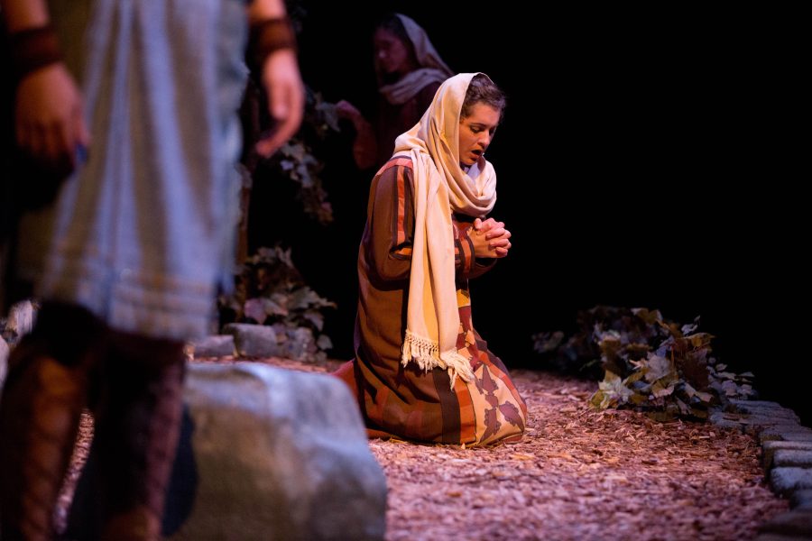 Beka Priest kneels during last year’s Living Gallery, which portrayed the promises fulfilled by the Messiah. Photo: Photo Services