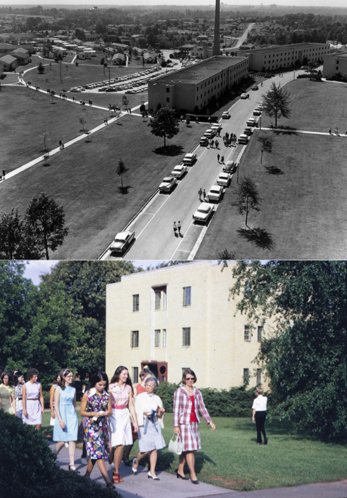 The men’s residence halls in 1959 (top) and the  women’s residence halls in 1973 (bottom). Photos: Archives