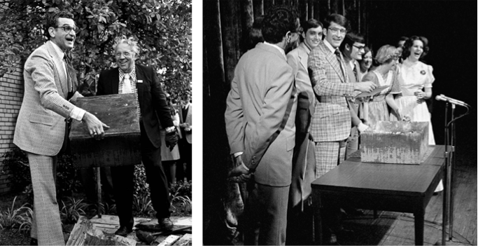 Dr. Ed Panosian, 1952 class president, unearths his class’s time capsule (left) and presents it to Bruce McAllister, president of the Class of 1977 (right). Photos: Archives