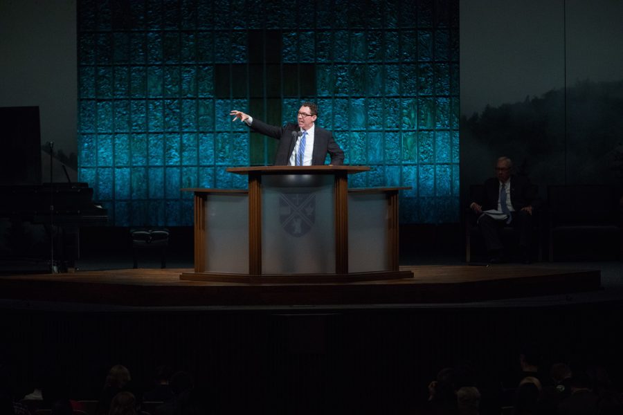 Aaron Coffey preaches for Session 4 for BIble Conference, Revive Us Again, in Founder’s Memorial Amphitorium of BJU, Feb. 14, 2018 (BJU Marketing/Derek Eckenroth)