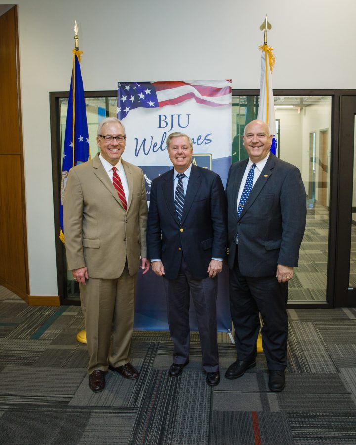 Senitor Lindsey Graham with BJU president, Steve Pettit, and Commander Al Carper to welcome ROTC to BJU, Greenville, SC, April 4, 2018. (Hal Cook)