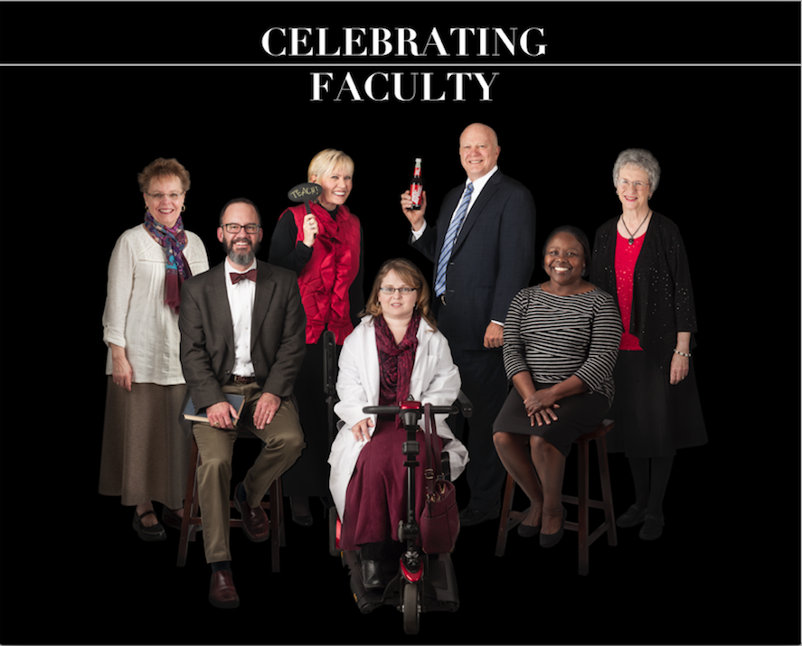 Together Mrs. Pam Dunbar, Dr. Brent McNeely, Dr. Lesa Seibert, Dr. Jessica Minor, Mr. Mike Buiter, Ms. Marlene Reed and Dr. Grace Hargis (left to right) have over 200 years of teaching experience at BJU. Photos: Rebecca Snyder.  Design: Nathan Baughman  