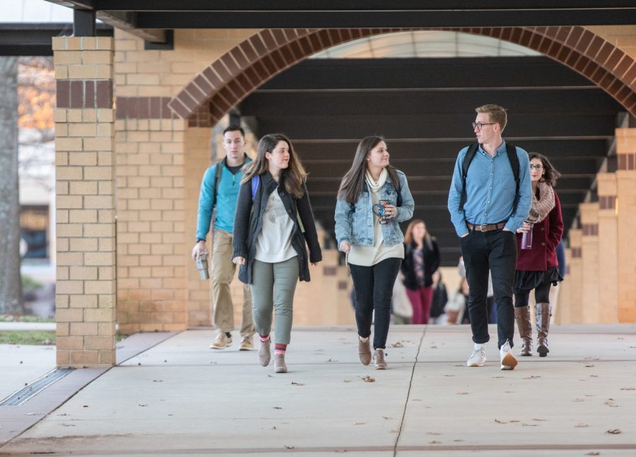 Students starting their day on the 1st class day of 2019, BJU, January 9. (Hal Cook)