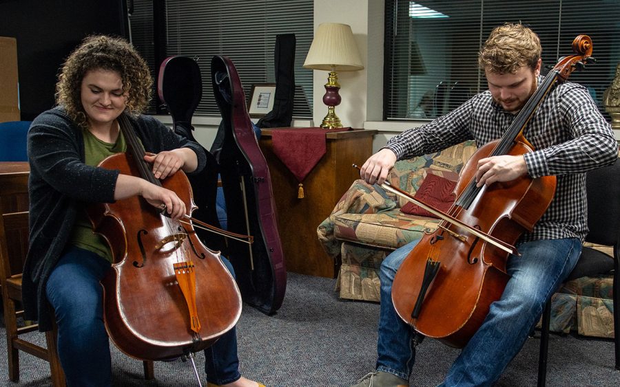 Derek Eilert and Anne Smith play their cellos, Bob Jones University, Greenville, SC, March 11, 2019. (Robby Jorgensen)