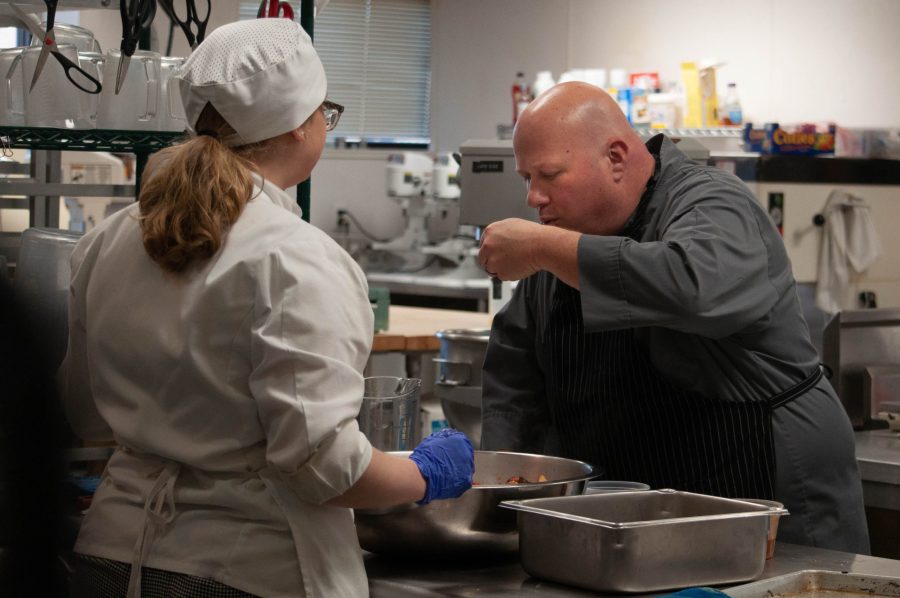 Culinary students prepare a meal with a local chef to kick off this semesters fine dinning series. Culinary Building, Greenville, South Carolina. February 14, 2020. Lindsay Shaleen.