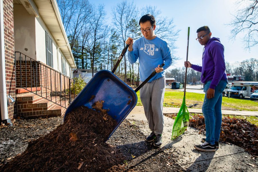 BJU Student Volunteers, Richard Wang, Xzavier Dunkley, and Joshua Barilla, help in a Martin Luther King Jr. Service Project, at the Miracle Hill Boys' Shelter, Jan. 20, 2020. (Derek Eckenroth)