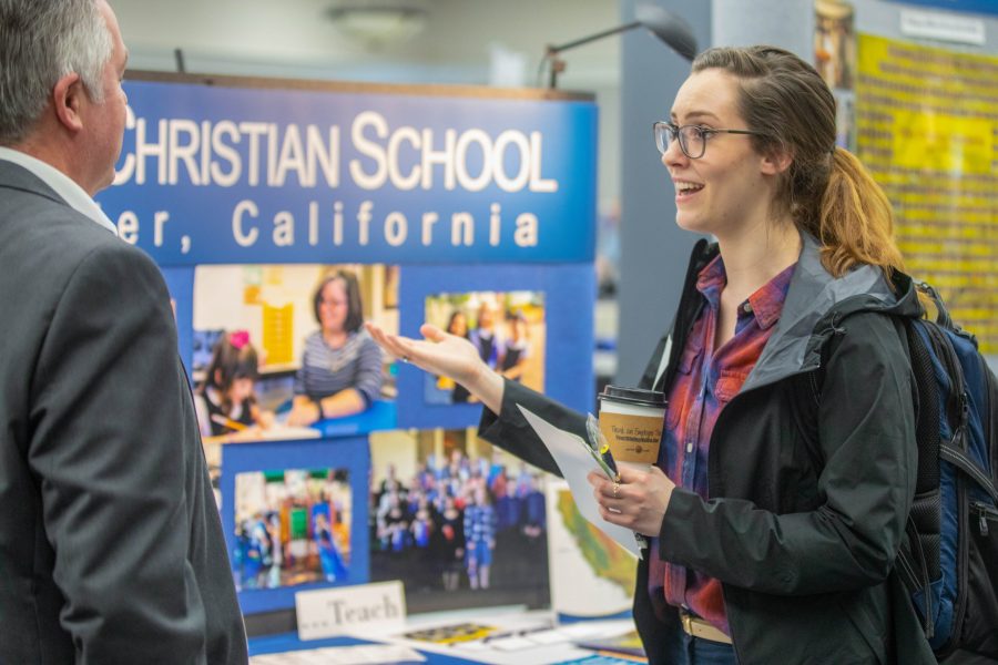 Recruiters from christian schools around the world meet with students during the Christian School Leadership and Recruitment Conference at BJU, February 19, 2019. (Hal Cook)