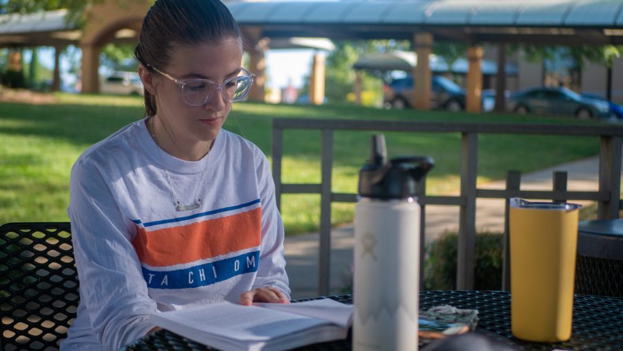 Emma Pope studying in the gazebo, BJU, Greenville, SC, Septemer 4, 2020. (Mark Kamibayashiyama)
