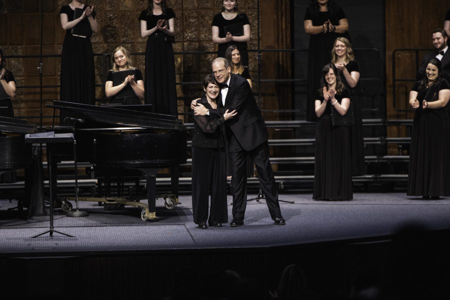 The Cooks embrace after their final BJU concert on April 23. Dr. Cook
directed Chorale and Mrs. Cook accompanied on the piano. Photo: Bradley Allweil