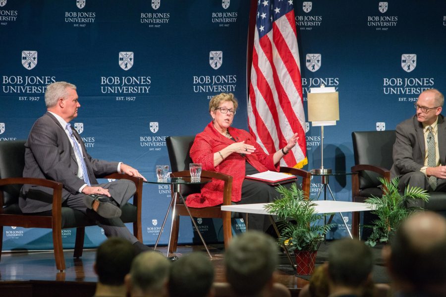 Unlike previous faculty forums such as the 2016 forum Balancing Piety and Pragmatism: Evangelicals in Politics pic- tured above, this year's event will offer the speakers time to develop a full argument at the beginning of the discussion. 
Photo: Kayla Pierce