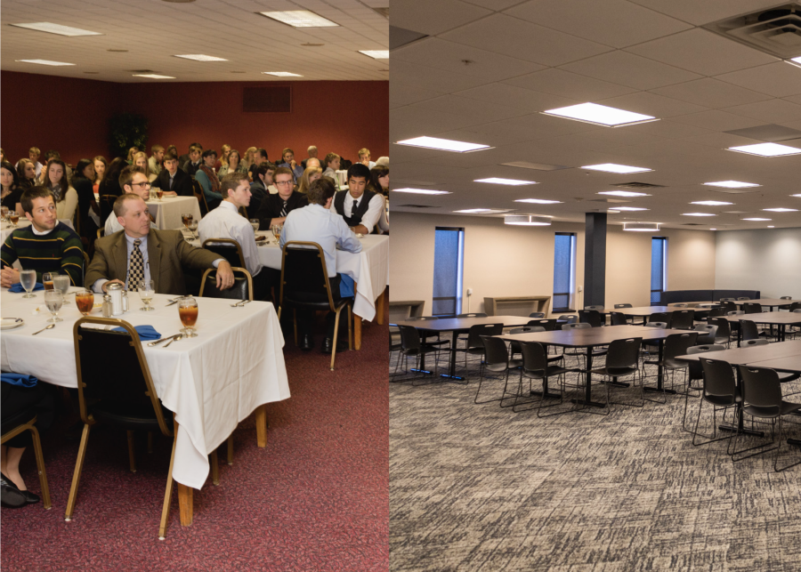 The old Red Room, pictured here during a Bruins mens soccer banquet in 2012, was renovated this year to make the space more accessible for student organizations to rent. Photos: (left) Jim Block (right) Andrew Pledger