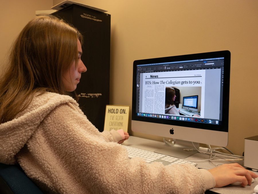 Arianna Rayder, a senior graphic design major, uses Adobe InDesign to combine the work of all The Collegian contributors into a final polished copy for printing. Photo: Nathaniel Hendry