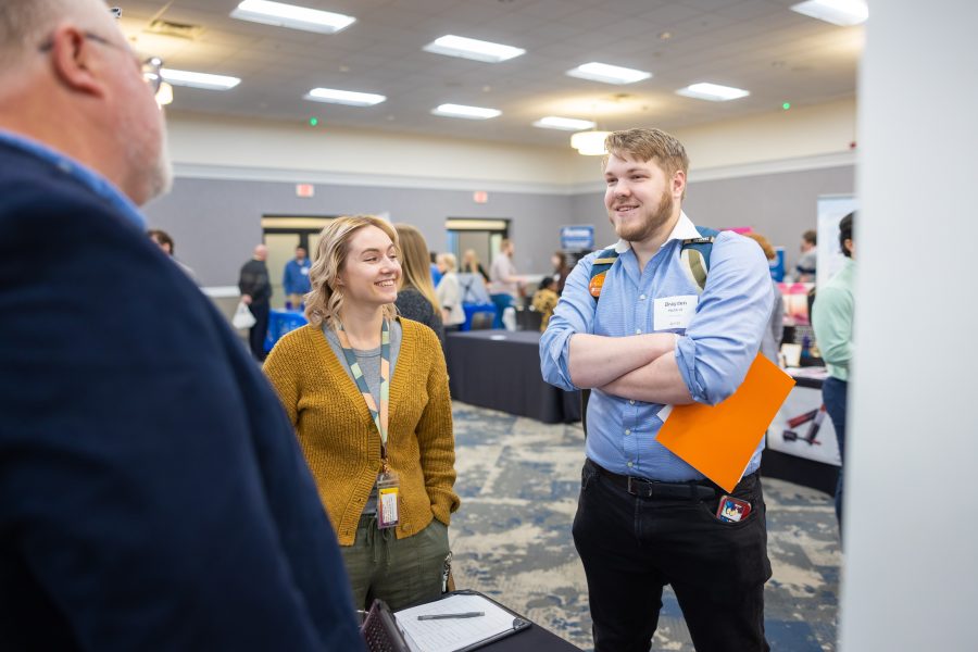 The career fair offers students an opportunity to connect with future employers over several years before graduation, easing the transition into work after college. Photo: Derek Eckenroth