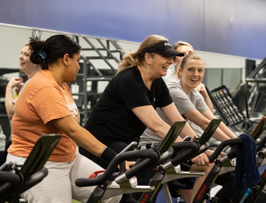 Attendees enjoy the Spin It Out group exercise class on Feb. 8, 2023. Photo: Jordyn Britton