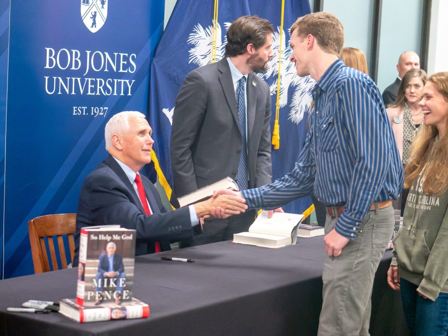 Mike Pence speaks and signs books at Bob Jones University, Greenville, SC, March 2, 2023 (Nathaniel Hendry)