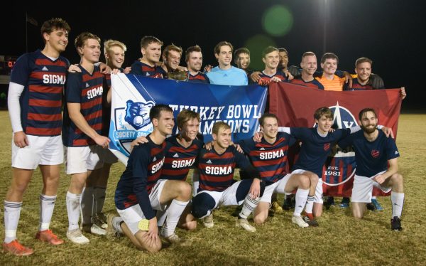 Sigma Alpha Chi Spartans celebrate their Turkey Bowl soccer championship, Nov. 11, 2023.