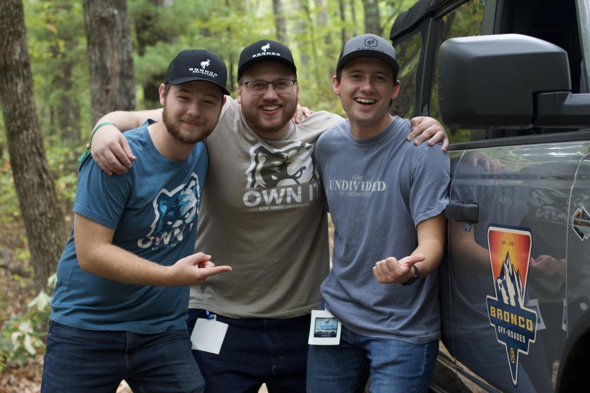 Nathan Sivnksty (left), a junior business administration major, Zachariah Scott (middle), a junior accounting major, and Josiah Sherrill (right), a senior Biblical studies major, enjoying their day on the trail.