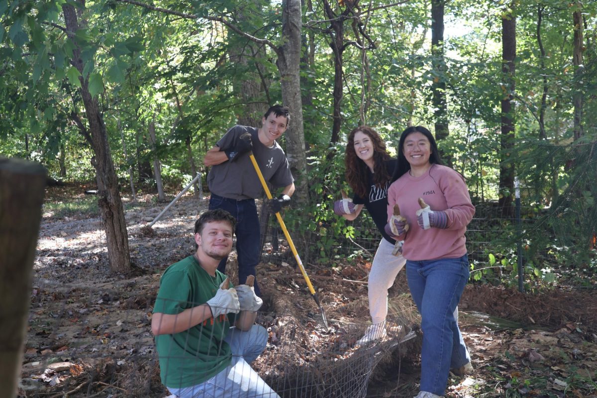 (from left to right) Brady Hendrix, William Kelly, Julia Howell and Lydia Geiman pause work for a photo