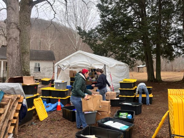 A tent of supplies at the Community Center in Bernardsville. Photo by Bethany Brooks.