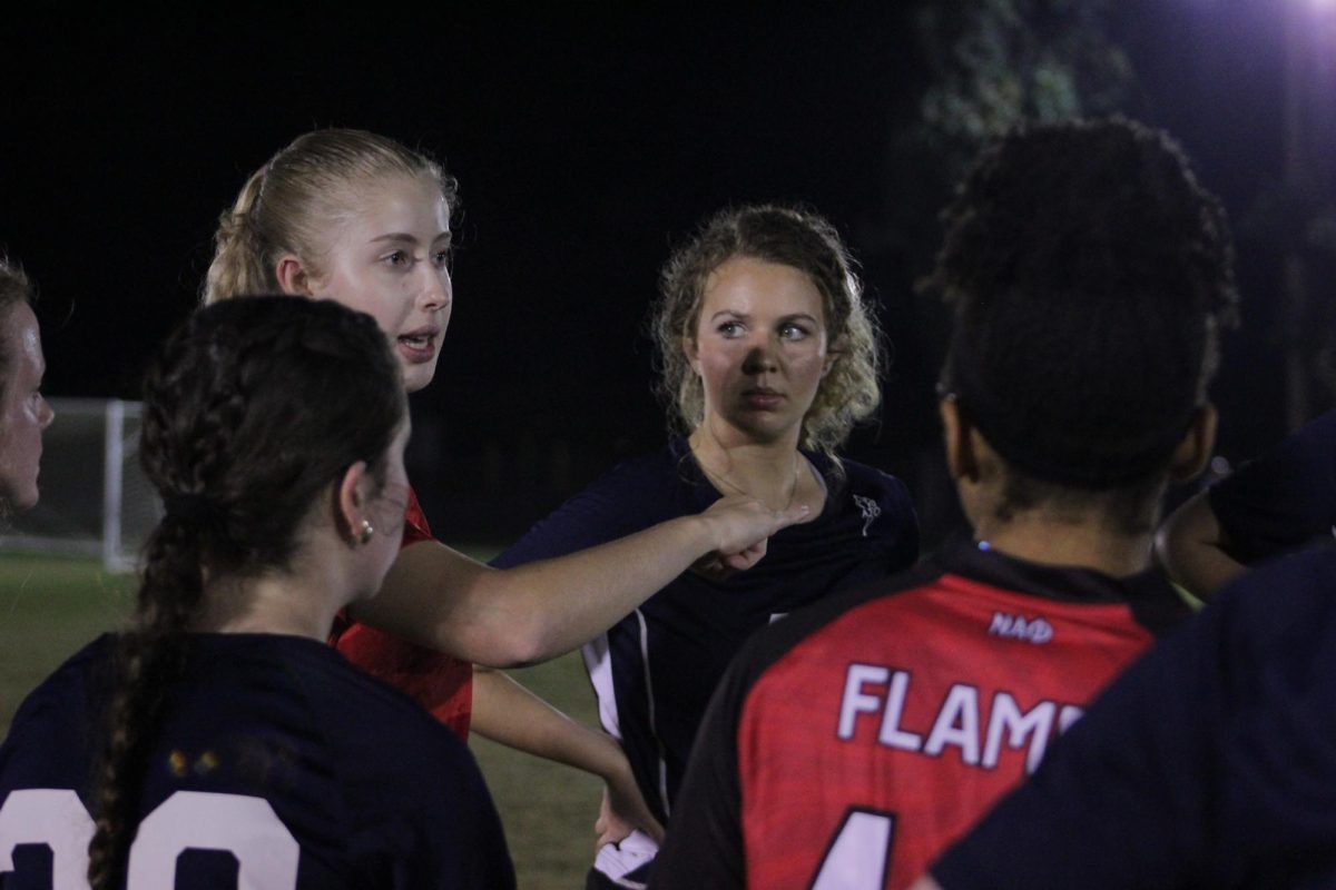 The Nu Alpha Phi Flames, who won the Turkey Cup in 2024, play in the society Soccer Jamboree on Sept. 26, 2025. 