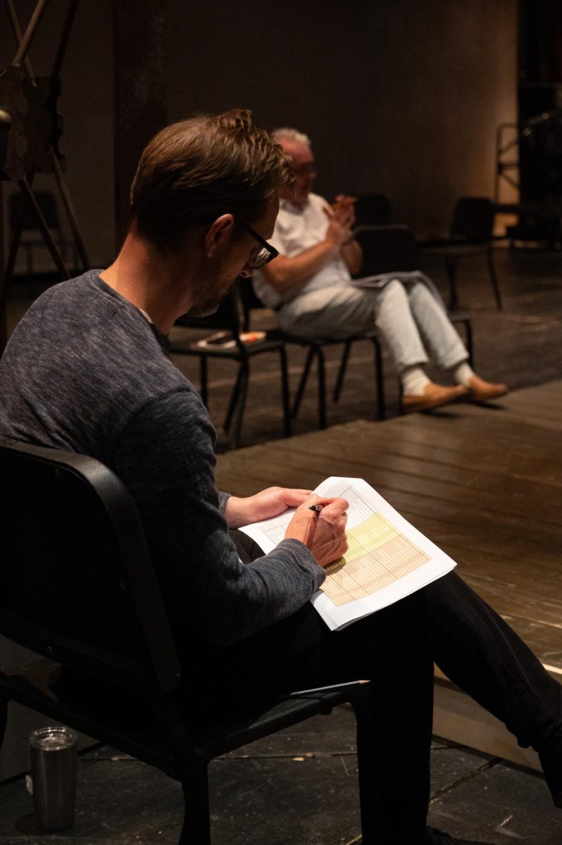 The cast of King Lear reading through the script at Rodeheaver Auditorium.