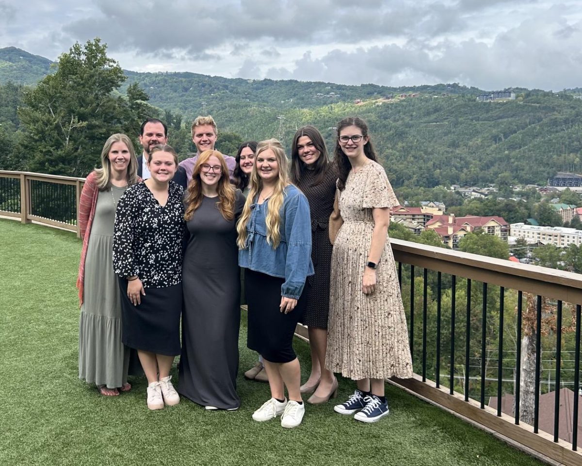 Bob Jones University education majors, along with staff member Daniel Dillard and his wife Aimee (back left), attended the South Carolina Association of Christian Schools convention in Gatlinburg, Tennessee, in late September 2025. Photo submitted.