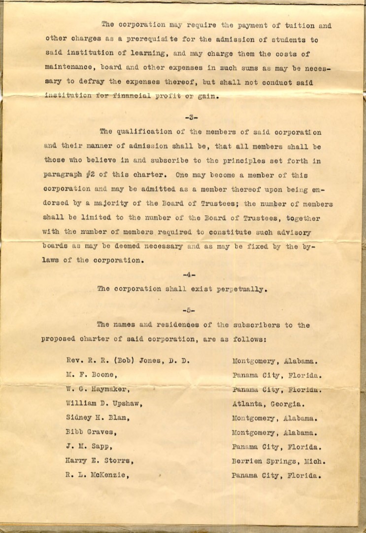 The original charter for Bob Jones College signed on April 8, 1926. 