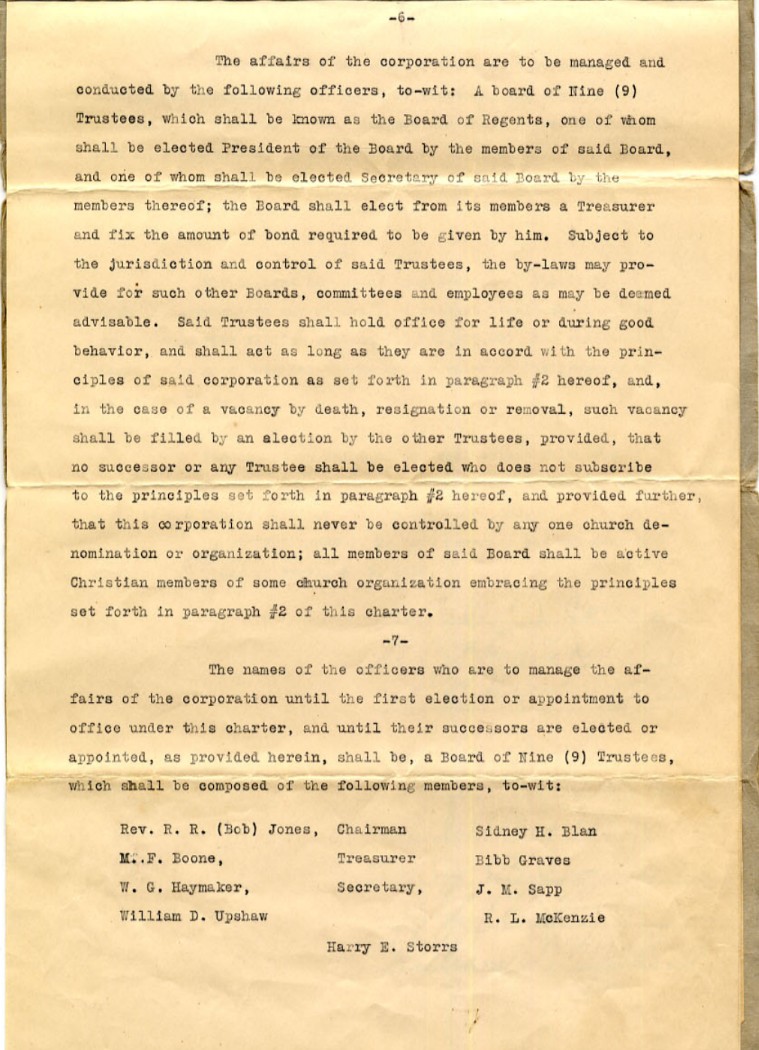 The original charter for Bob Jones College signed on April 8, 1926. 