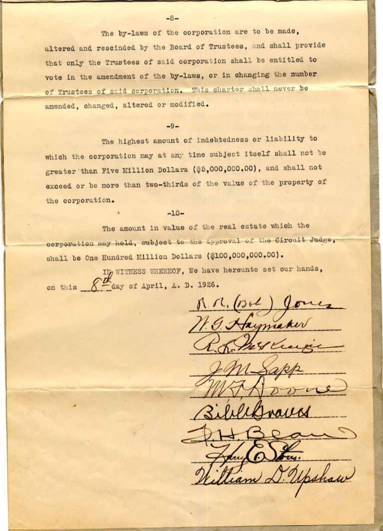 The original charter for Bob Jones College signed on April 8, 1926. 